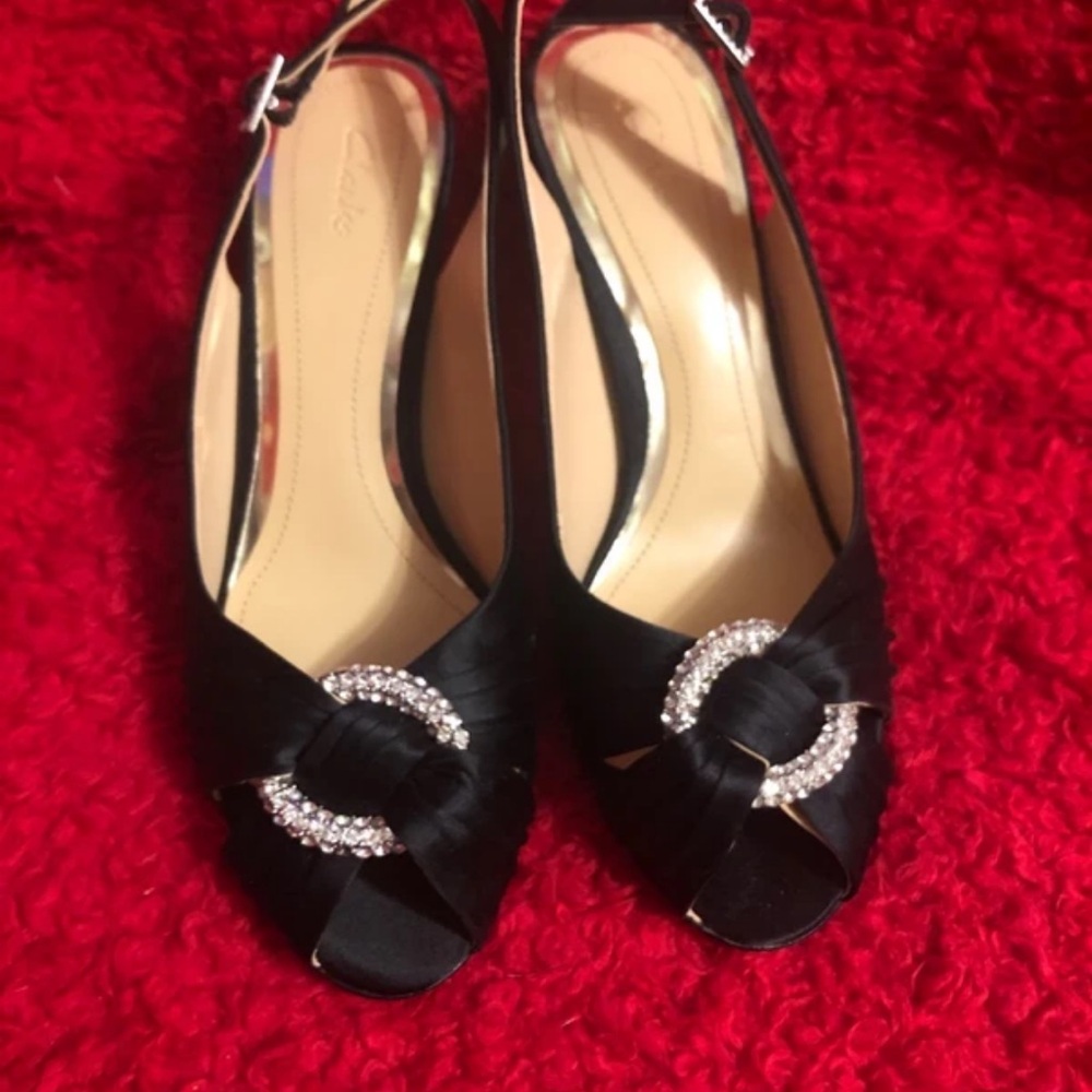 Clarks Black Satin Peep-Toe Heels with Crystal Detail